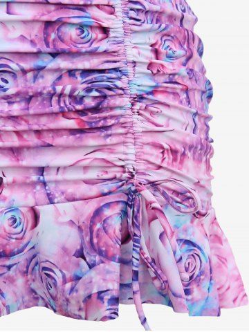 Plus Size Rose Flower Glitter 3D Print Lace Up Cinched Ruched Ruffles Tankini Set
