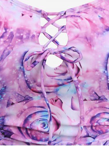 Plus Size Rose Flower Glitter 3D Print Lace Up Cinched Ruched Ruffles Tankini Set