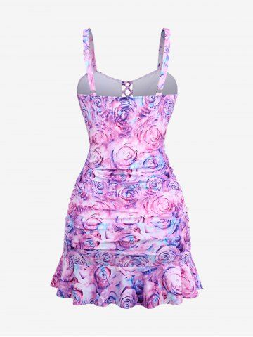 Plus Size Rose Flower Glitter 3D Print Lace Up Cinched Ruched Ruffles Tankini Set