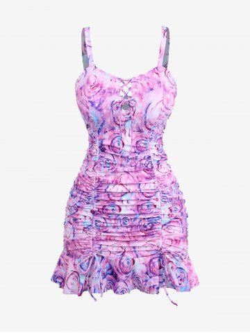 Plus Size Rose Flower Glitter 3D Print Lace Up Cinched Ruched Ruffles Tankini Set