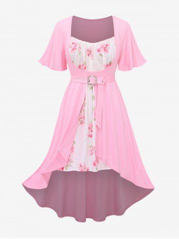 Plus Size Lace Trim Ruched Floral Print Flower Buckle Flutter Sleeve High Low 2 In 1 Dress - LIGHT PINK - 1X | US 14-16