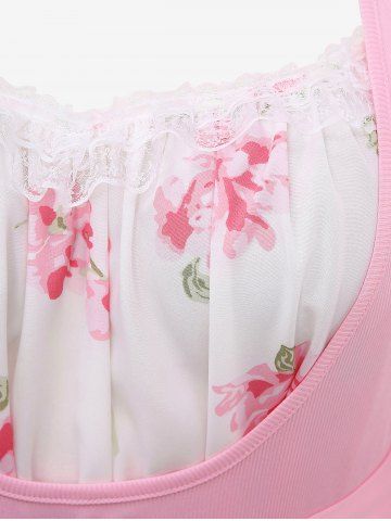 Plus Size Lace Trim Ruched Floral Print Flower Buckle Flutter Sleeve High Low 2 In 1 Dress