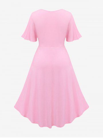 Plus Size Lace Trim Ruched Floral Print Flower Buckle Flutter Sleeve High Low 2 In 1 Dress