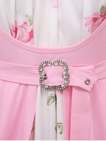 Plus Size Lace Trim Ruched Floral Print Flower Buckle Flutter Sleeve High Low 2 In 1 Dress