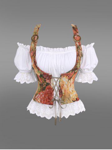 Gothic Puff Sleeve Floral Mesh Trim Ruched Lace Up Buckle Off The Shoulder 2 in 1 Corset Top - COFFEE - 2X | US 18-20