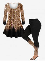 Glitter Sparkling Sequins Water Drop Printed Ombre Long Sleeves T-shirt and Leggings Plus Size Matching Set -  