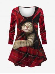 Plus Size Cat Plaid Quilt 3D Print Long Sleeve T-shirt -  