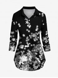 Plus Size Turn-down Collar Ombre Sequins Pentagram Printed Curved Hem Buttons Shirt -  