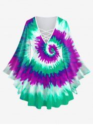 Plus Size Colorblock Spiral Tie Dye Print Lattice Crisscross Flare Sleeve Top -  