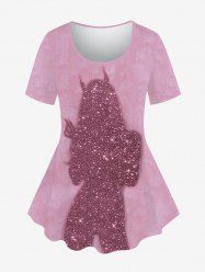 Plus Size Glitter Sequins Bunny Print Short Sleeves T-shirt -  