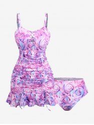 Plus Size Rose Flower Glitter 3D Print Lace Up Cinched Ruched Ruffles Tankini Set - Pourpre  4X | US 26-28