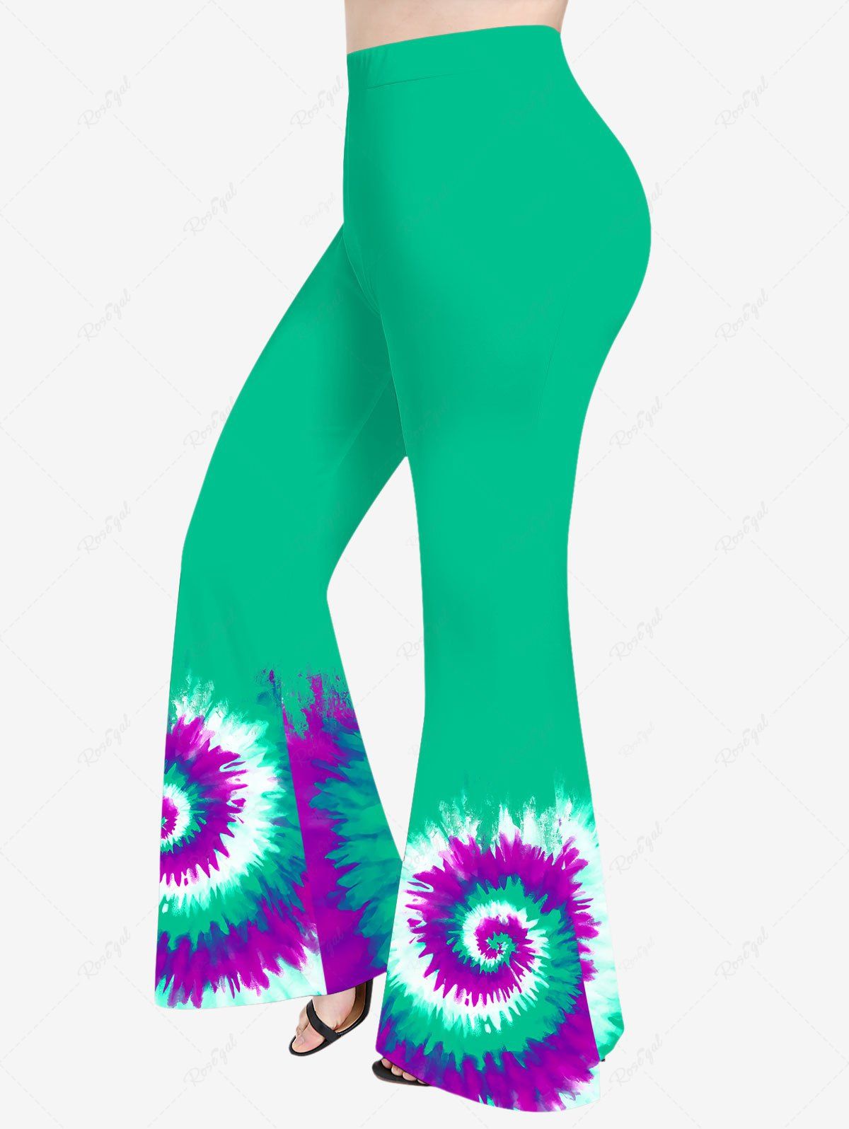 Cheap Plus Size Colorblock Spiral Tie Dye Print Flare Pants  