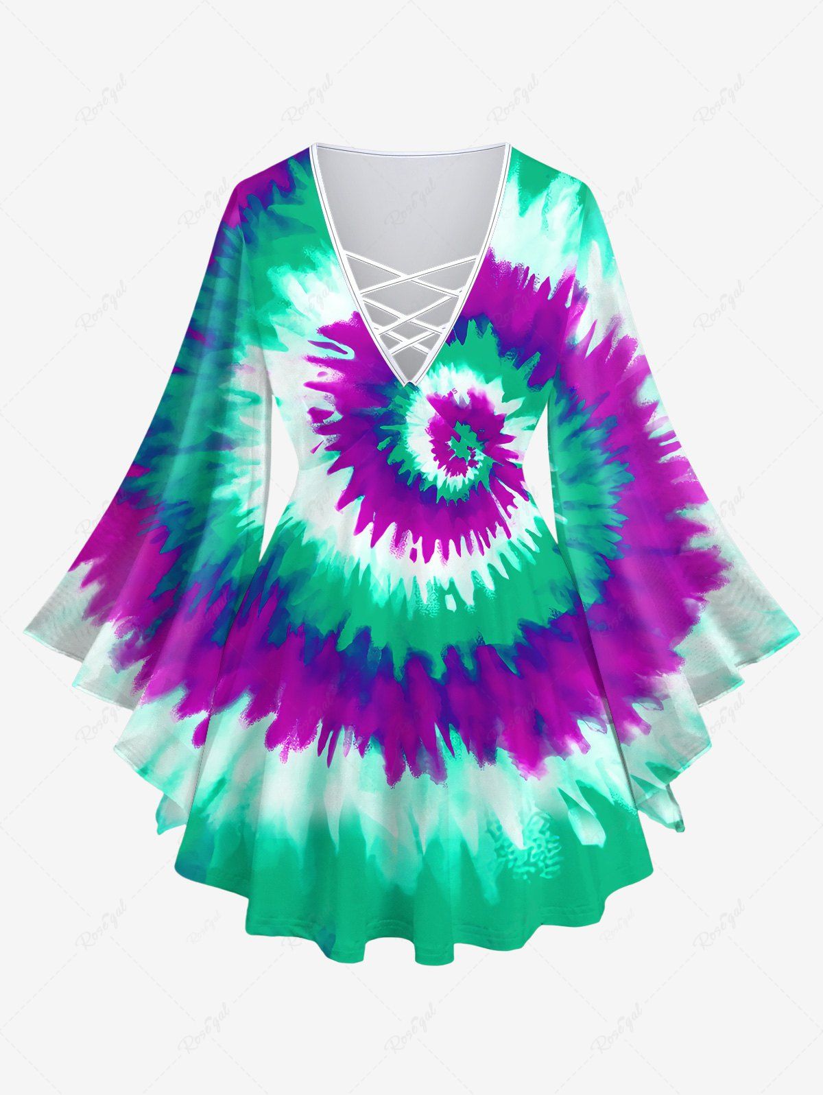 Buy Plus Size Colorblock Spiral Tie Dye Print Lattice Crisscross Flare Sleeve Top  