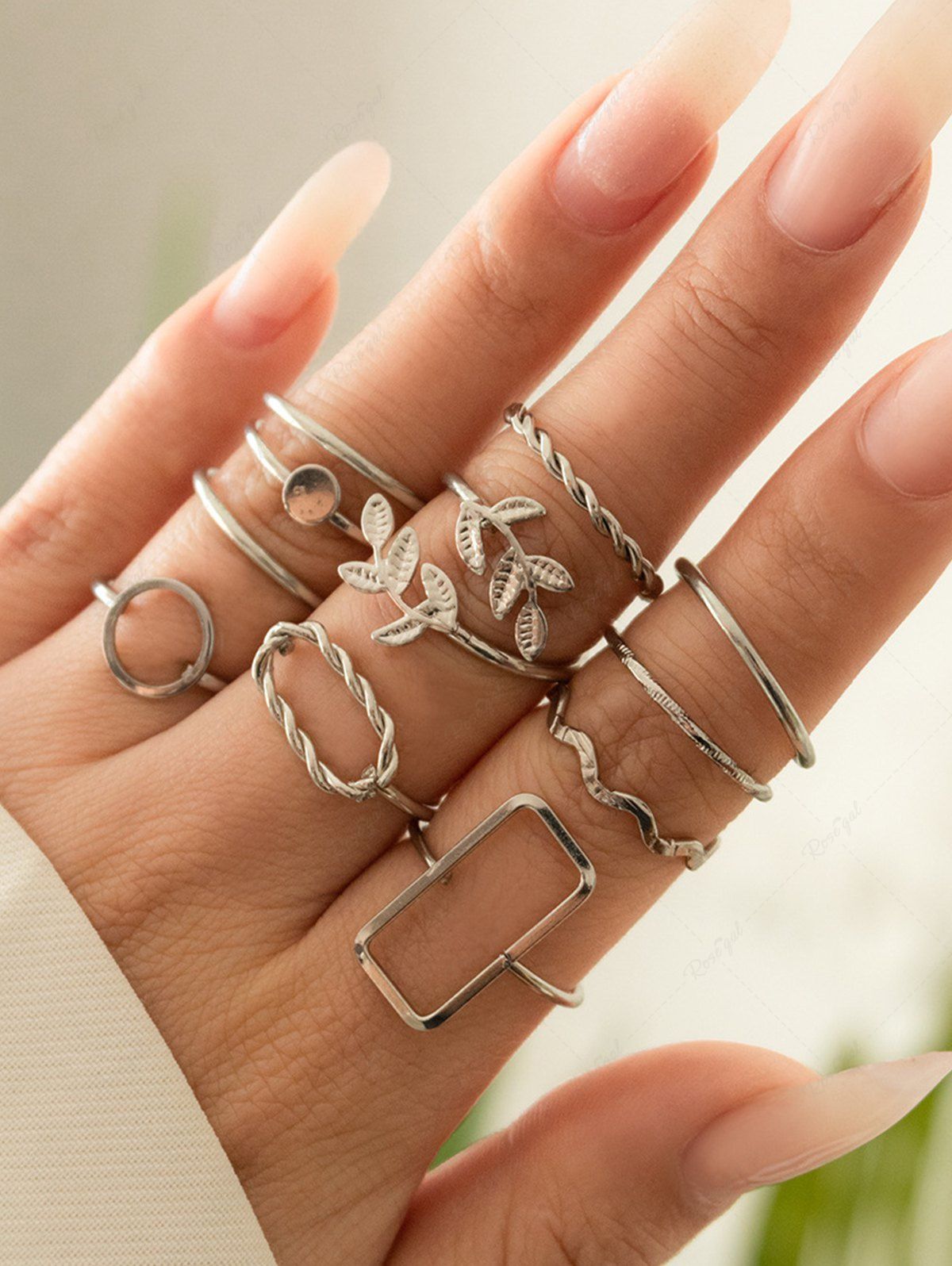 Affordable 11Pcs Square Round Oval Shape Leaf Minimalist Open Rings Set  