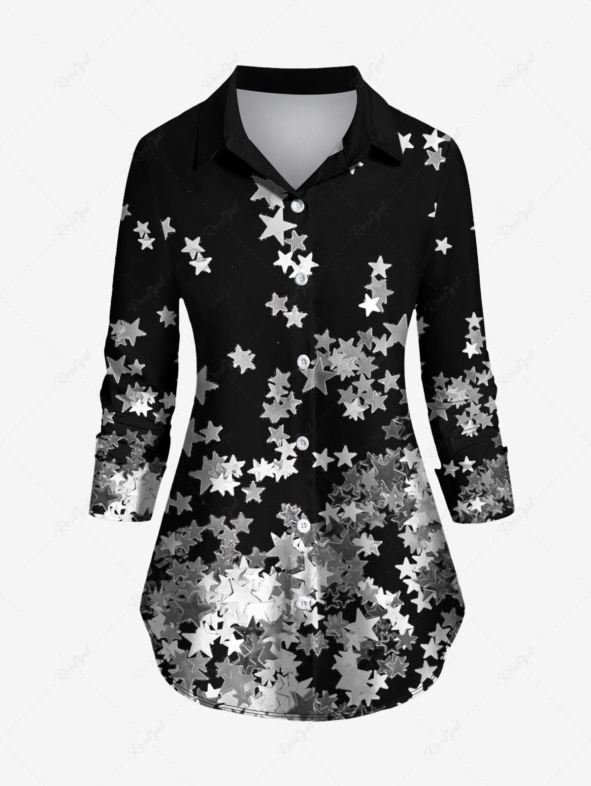 Sale Plus Size Turn-down Collar Ombre Sequins Pentagram Printed Curved Hem Buttons Shirt  