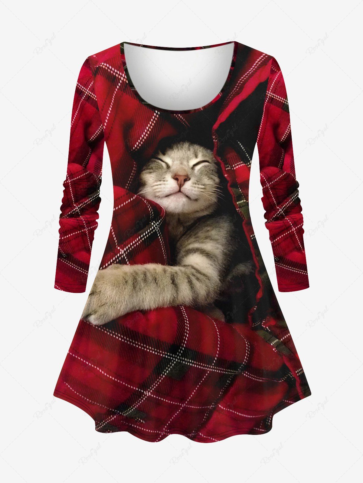 Shop Plus Size Cat Plaid Quilt 3D Print Long Sleeve T-shirt  