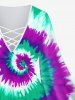 Plus Size Colorblock Spiral Tie Dye Print Lattice Crisscross Flare Sleeve Top -  