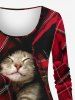 Plus Size Cat Plaid Quilt 3D Print Long Sleeve T-shirt -  