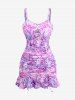 Plus Size Rose Flower Glitter 3D Print Lace Up Cinched Ruched Ruffles Tankini Set -  