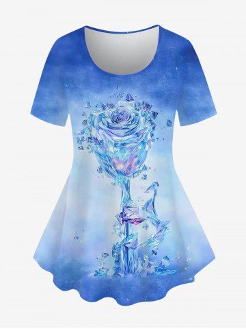 Plus Size Tie Dye Ombre Colorblock Crystal Rose Flower Print T-shirt - BLUE - M