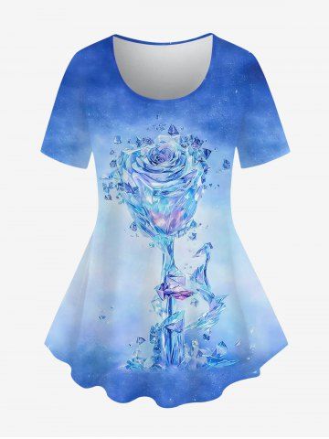 Plus Size Tie Dye Ombre Colorblock Crystal Rose Flower Print T-shirt - BLUE - 3X