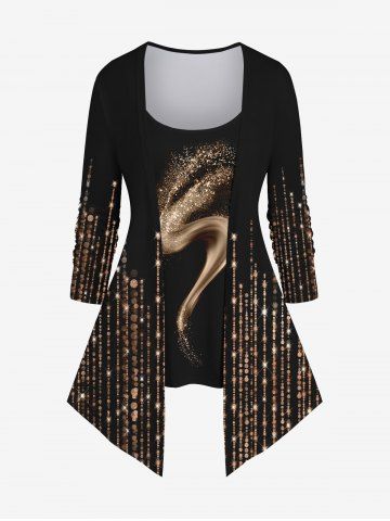 Plus Size Glitter Sparkling Sequins Tassel Line Fire Print Asymmetric Patchwork 2 in 1 Long Sleeves Top - BLACK - L