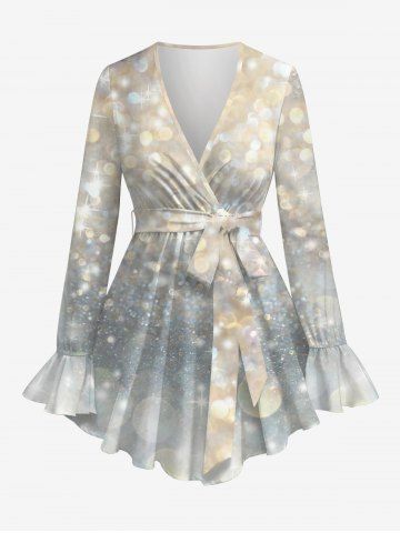 Plus Size Circle Glitter Sparkling Sequin Ombre 3D Print Surplice Poet Sleeve Blouse With Belt - LIGHT GRAY - XS