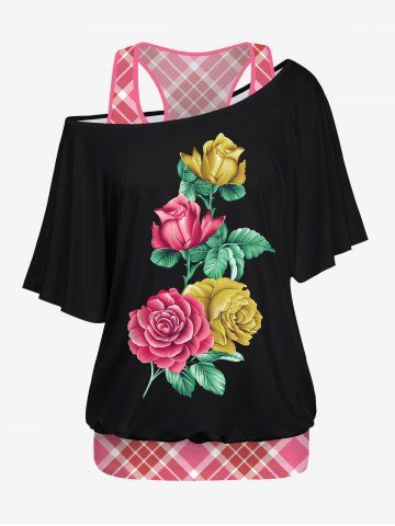 Plus Size Racerback Tank Top and Rose Flower Leaf Print Batwing Sleeve Skew Collar T-shirt - BLACK - XS