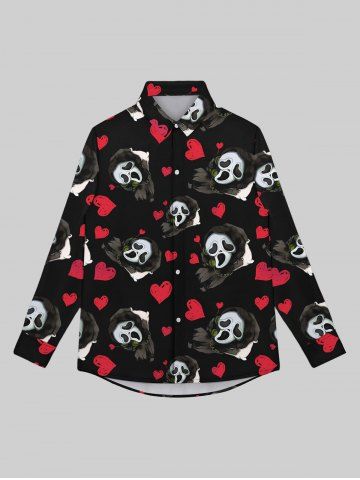 Gothic Valentine's Day Skulls Ghost Heart Print Button Down Shirt For Men - BLACK - L