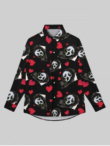 Gothic Valentine's Day Skulls Ghost Heart Print Button Down Shirt For Men - BLACK - 7XL