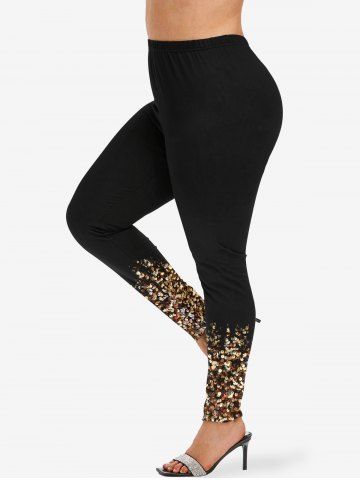 Plus Size Sparkling Sequin Glitter 3D Print Leggings - BLACK - S