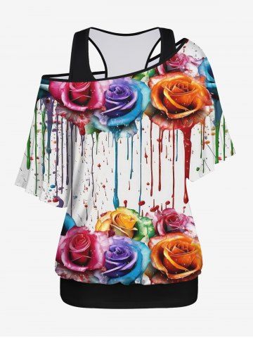 Plus Size Racerback Tank Top and Rose Flower Paint Drop Blobs Print Batwing Sleeve Skew Neck T-shirt - MULTI-A - XS