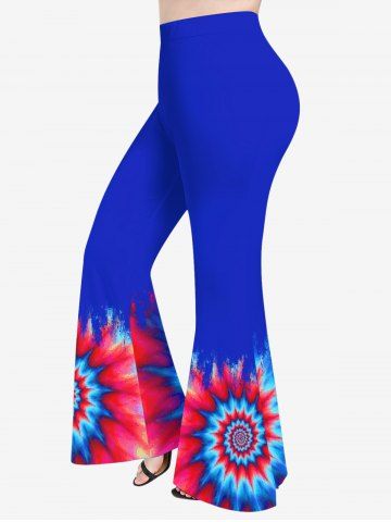 Plus Size Spiral Tie Dye Colorblock Print Flare Pants - BLUE - 1X