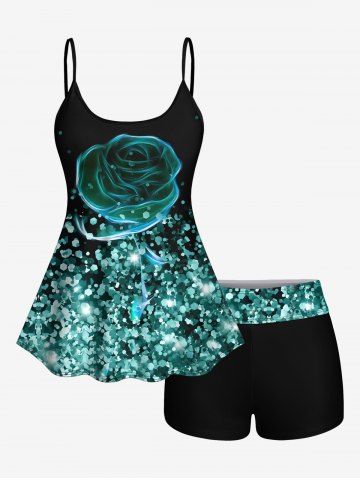 Rose Flower Sparkling Sequin Glitter 3D Print Boyshorts Tankini Set - LIGHT GREEN - M