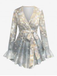 Plus Size Circle Glitter Sparkling Sequin Ombre 3D Print Surplice Poet Sleeve Blouse With Belt -  