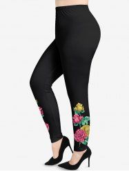 Plus Size Rose Flowers Leaf Print Leggings -  
