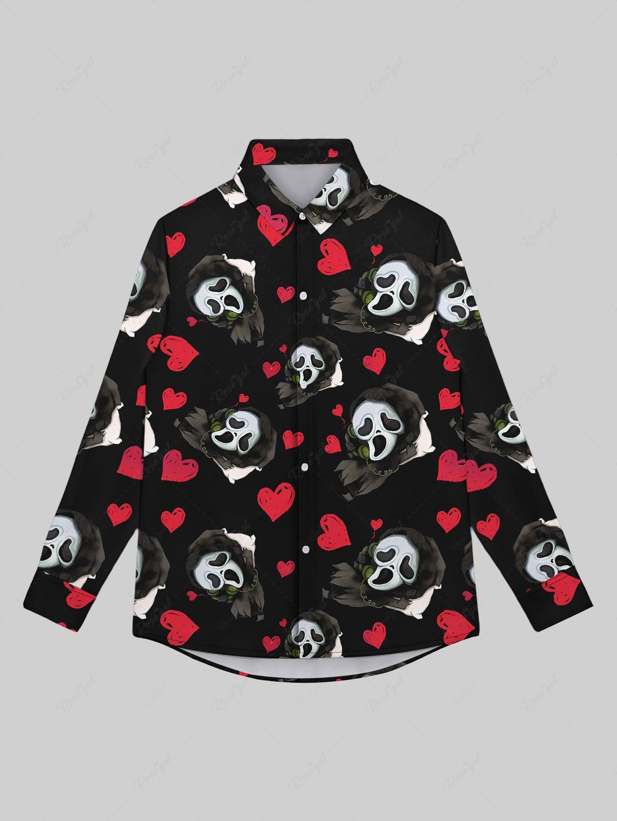 Chemise Gothique Imprimé Coeur et Fantôme Saint-Valentin à Boutons pour Homme Noir XL