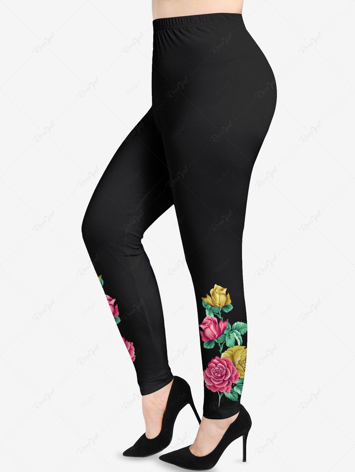 Fashion Plus Size Rose Flowers Leaf Print Leggings  