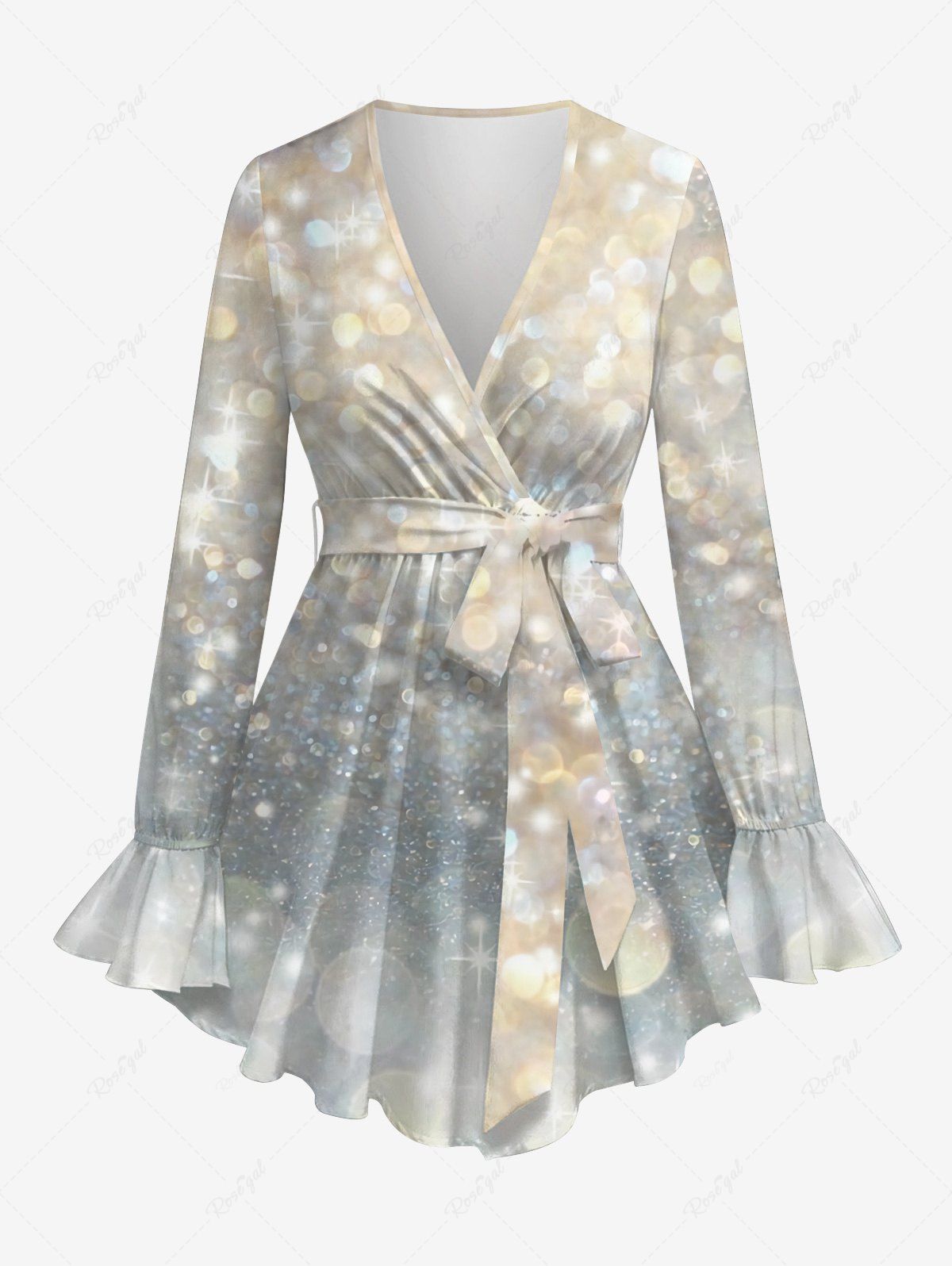 Discount Plus Size Circle Glitter Sparkling Sequin Ombre 3D Print Surplice Poet Sleeve Blouse With Belt  