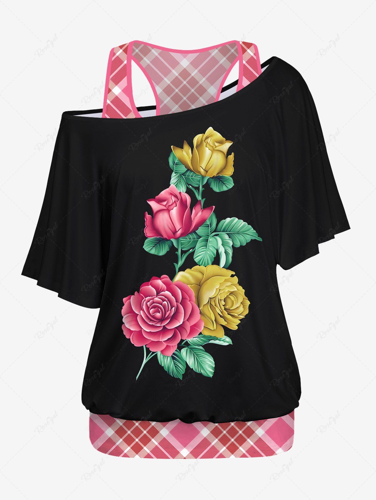 Outfit Plus Size Racerback Tank Top and Rose Flower Leaf Print Batwing Sleeve Skew Collar T-shirt  