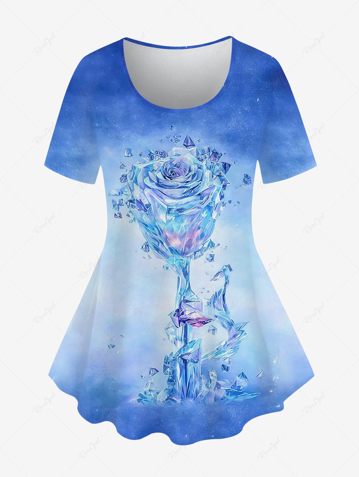 Latest Plus Size Tie Dye Ombre Colorblock Crystal Rose Flower Print T-shirt  