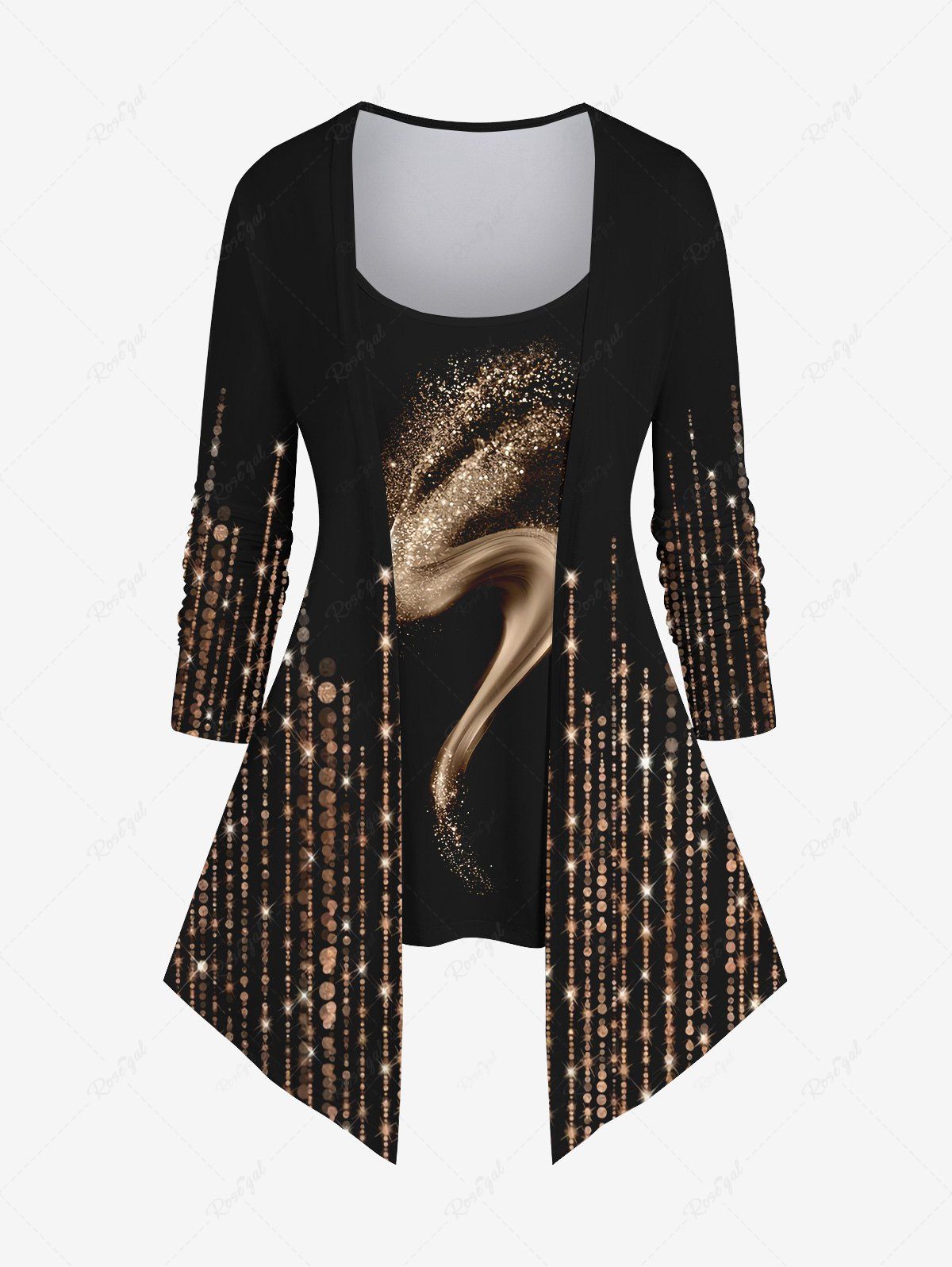Affordable Plus Size Glitter Sparkling Sequins Tassel Line Fire Print Asymmetric Patchwork 2 in 1 Long Sleeves Top  