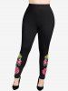 Plus Size Rose Flowers Leaf Print Leggings -  