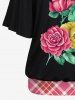 Plus Size Racerback Tank Top and Rose Flower Leaf Print Batwing Sleeve Skew Collar T-shirt -  