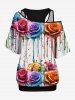 Plus Size Racerback Tank Top and Rose Flower Paint Drop Blobs Print Batwing Sleeve Skew Neck T-shirt -  