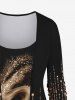 Plus Size Glitter Sparkling Sequins Tassel Line Fire Print Asymmetric Patchwork 2 in 1 Long Sleeves Top -  