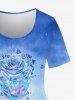 Plus Size Tie Dye Ombre Colorblock Crystal Rose Flower Print T-shirt -  