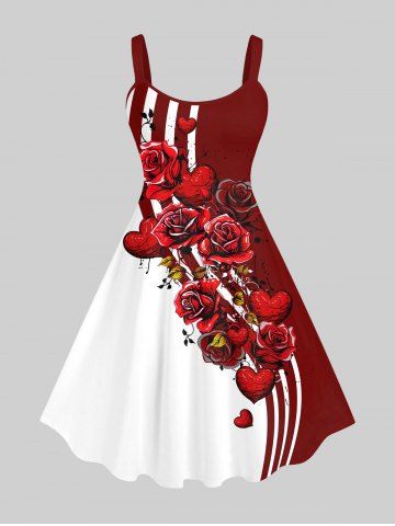 Plus Size Valentine's Day Colorblock Stripe Rose Flower Heart Print Tank Dress - RED - XS