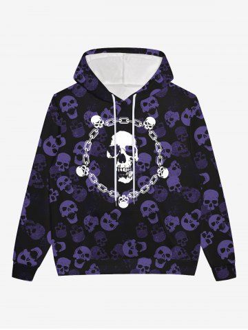 Gothic Skulls Chains Print Drawstring Hoodie For Men - BLACK - XS