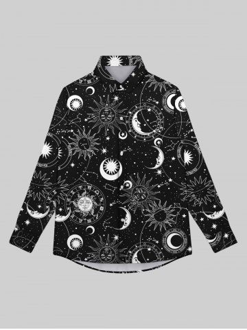 Gothic Galaxy Sun Moon Star Print Button Down Shirt For Men - BLACK - 3XL